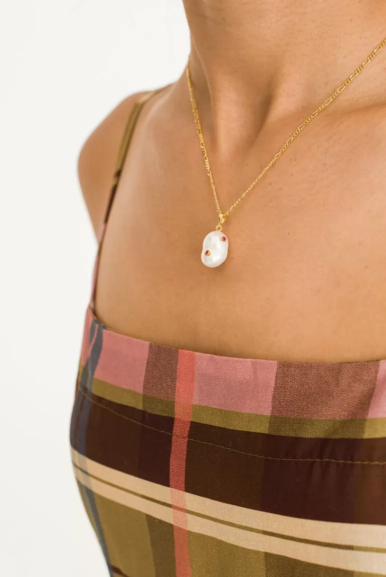 Women Olive Clothing Jacqueline Pearl Drop Ruby Necklace, 14K Gold Plated Ruby