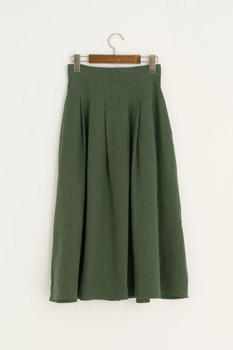 Women Olive Clothing Jane Pleated Long Linen Skirt, Green