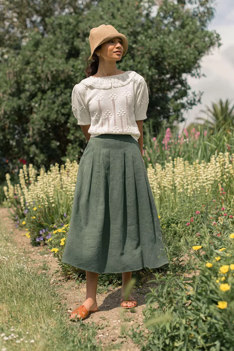 Women Olive Clothing Jane Pleated Long Linen Skirt, Green