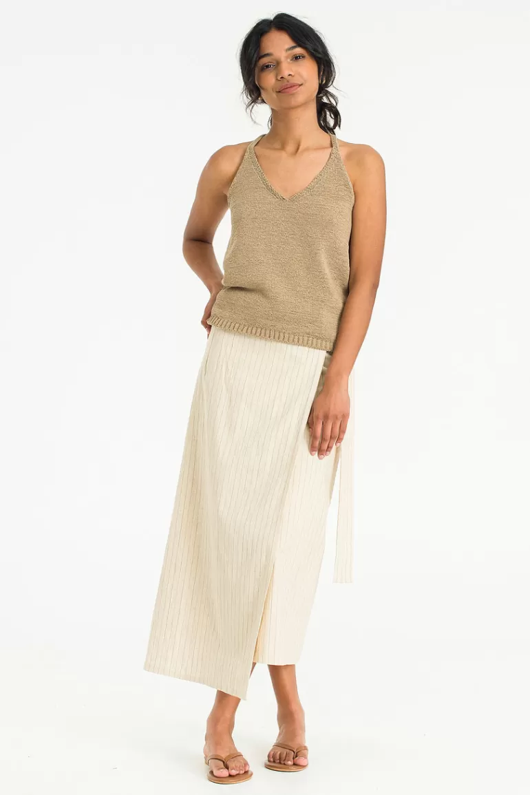 Women Olive Clothing Jane Stripe Linen Skirt, Beige