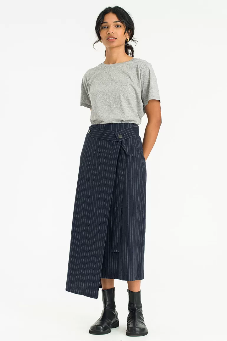 Women Olive Clothing Jane Stripe Linen Skirt, Navy