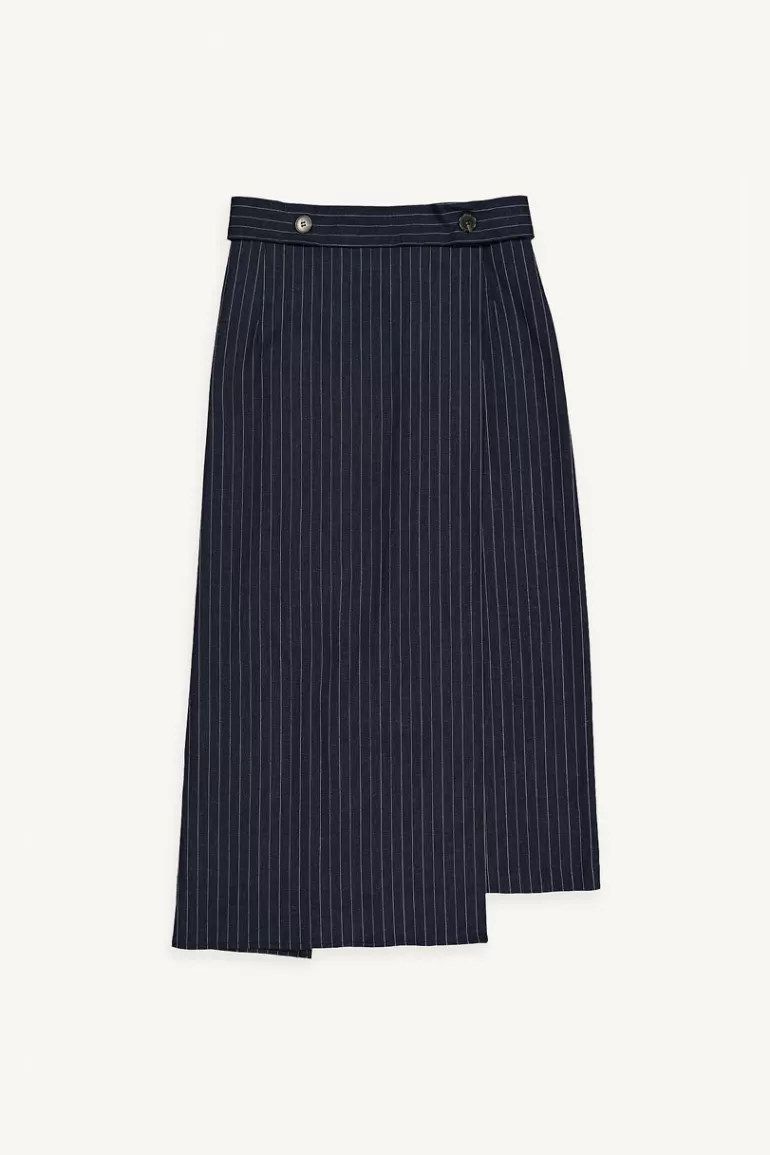Women Olive Clothing Jane Stripe Linen Skirt, Navy