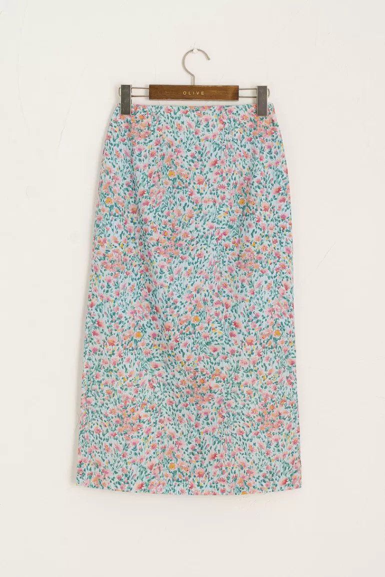 Women Olive Clothing Jardin Print Pencil Skirt, Blue
