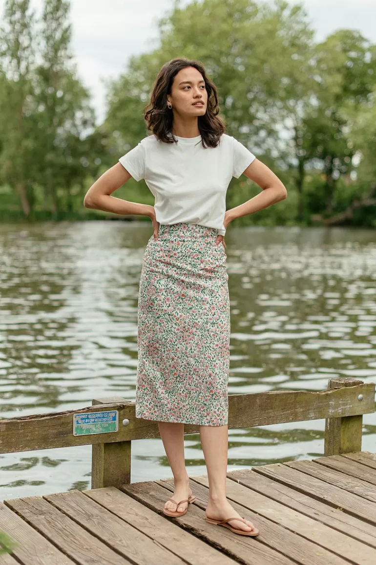 Women Olive Clothing Jardin Print Pencil Skirt, Ivory