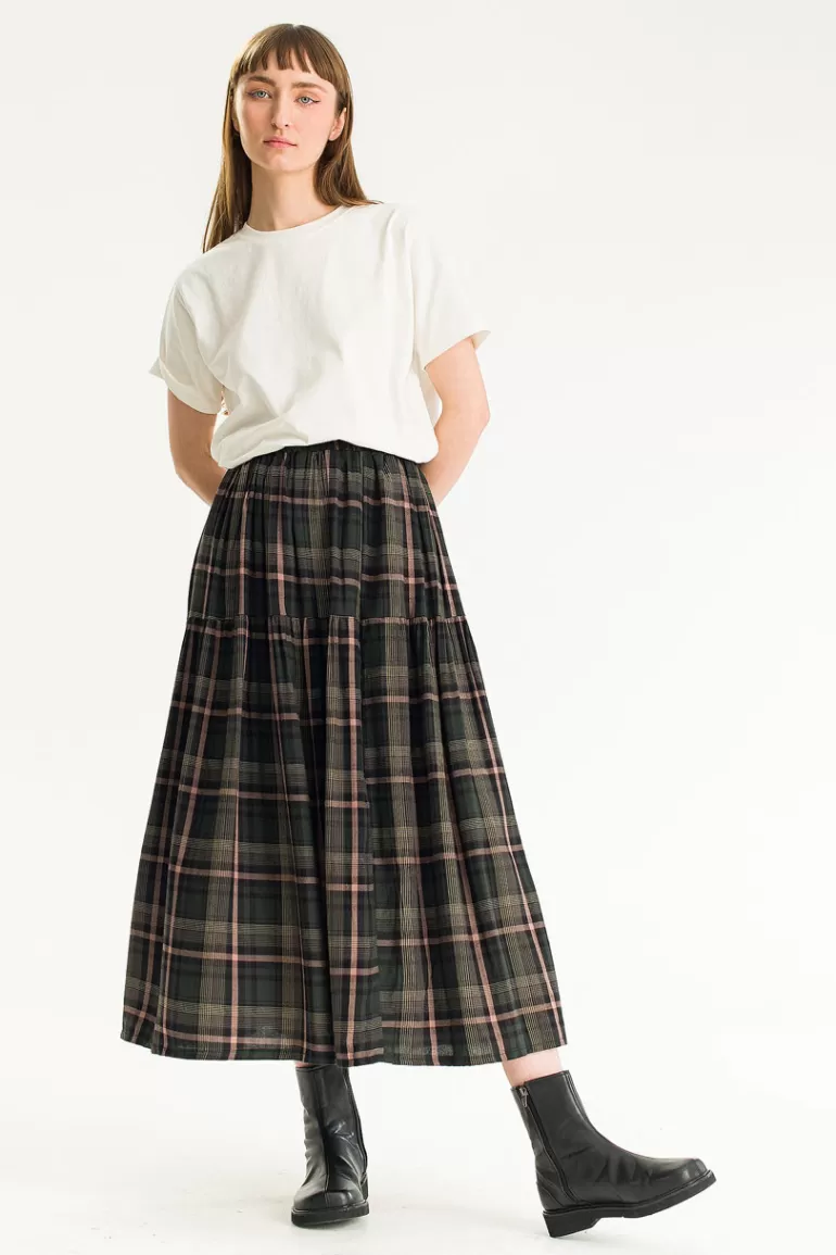 Women Olive Clothing Jena Check Long Skirt, Khaki