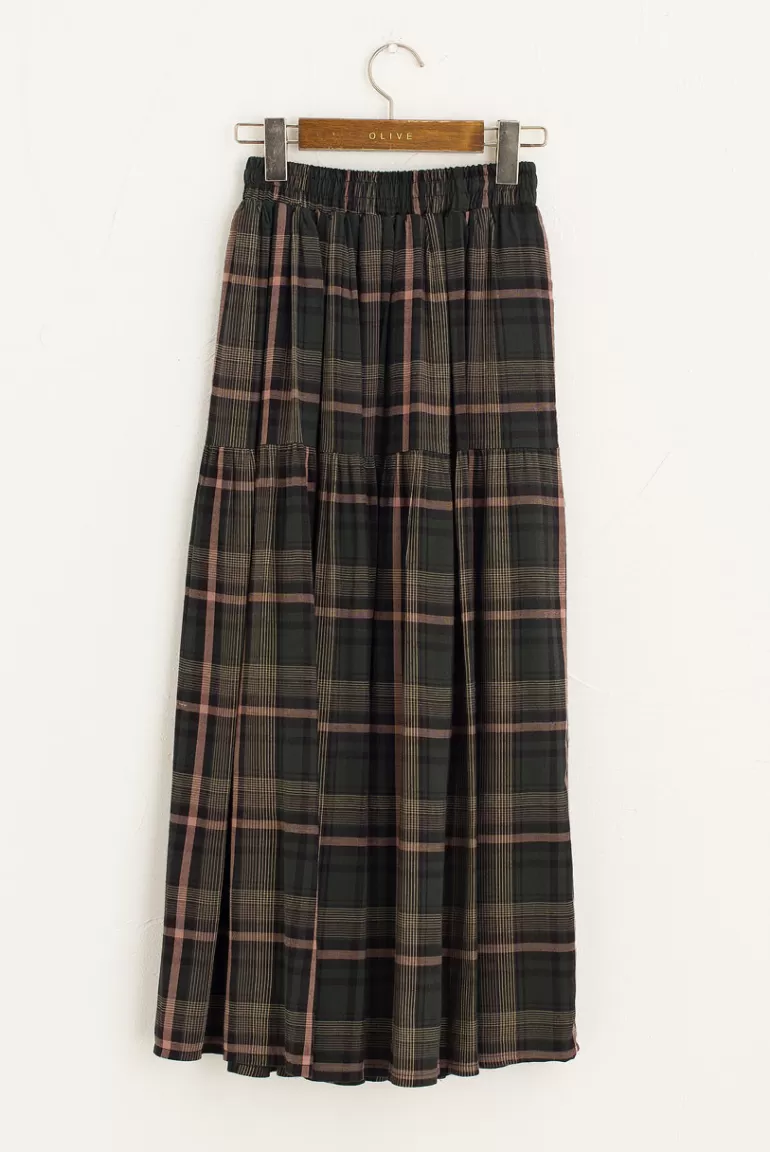Women Olive Clothing Jena Check Long Skirt, Khaki