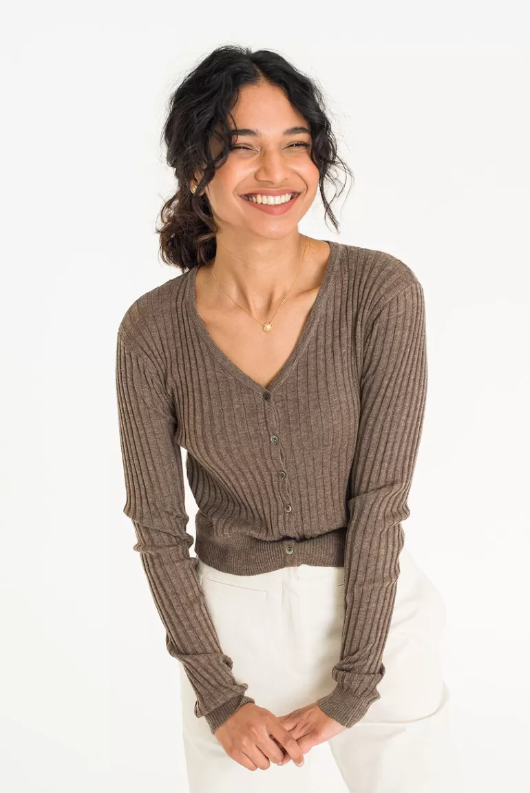 Women Olive Clothing Jeni Ribbed Crop Cardigan, Brown