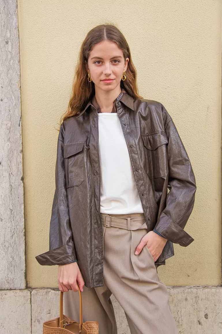 Women Olive Clothing Jina Leatherette Shirt, Brown