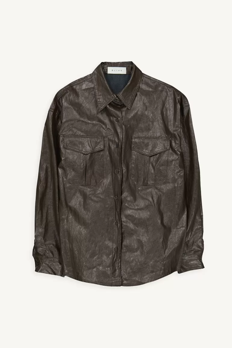 Women Olive Clothing Jina Leatherette Shirt, Brown