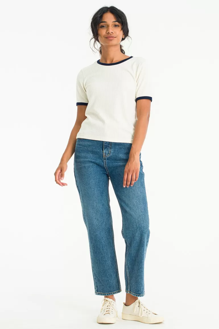 Women Olive Clothing Jina Tapered Mid Blue Jean, Mid Blue