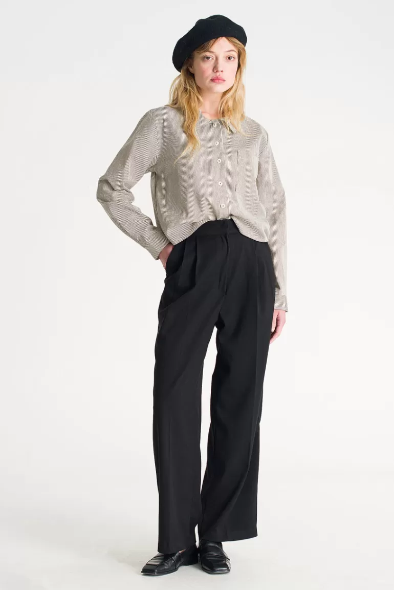Women Olive Clothing Katami Pinstripe Crop Shirt, Black