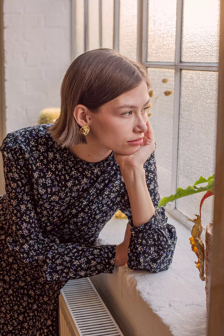 Women Olive Clothing Katie Textured Earrings, Gold Plated