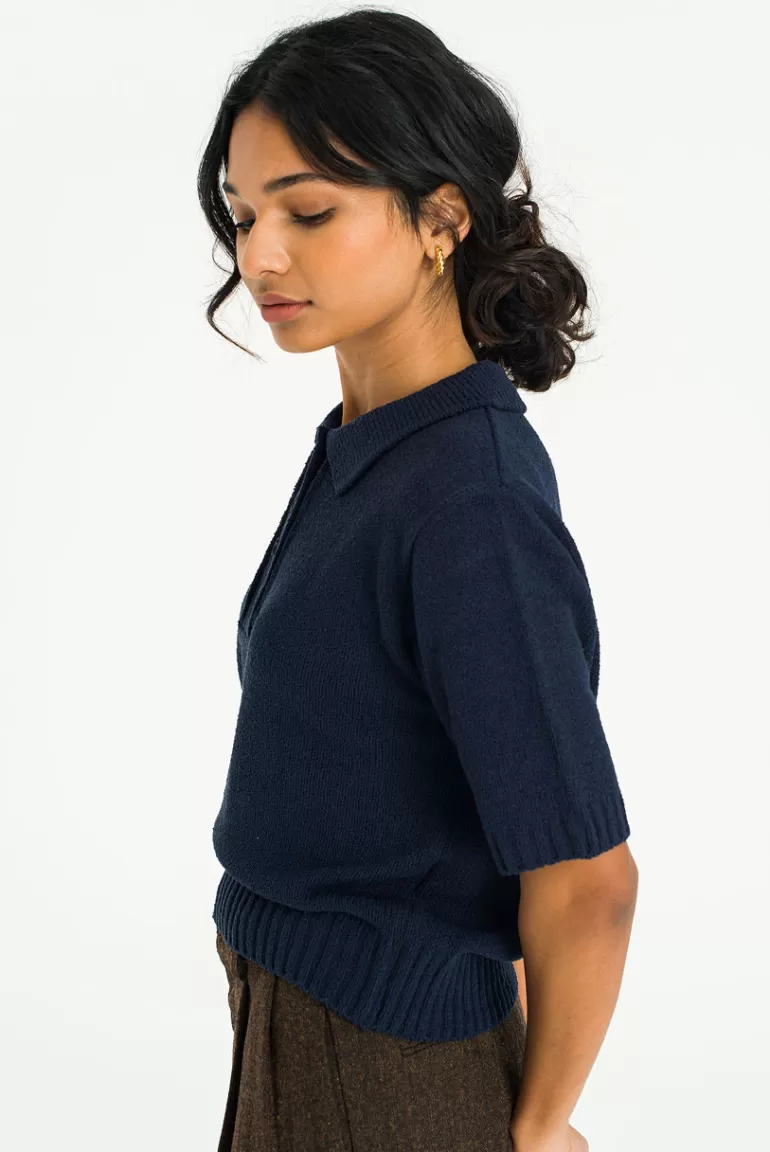 Women Olive Clothing Kiko Button Collar Jumper, Navy