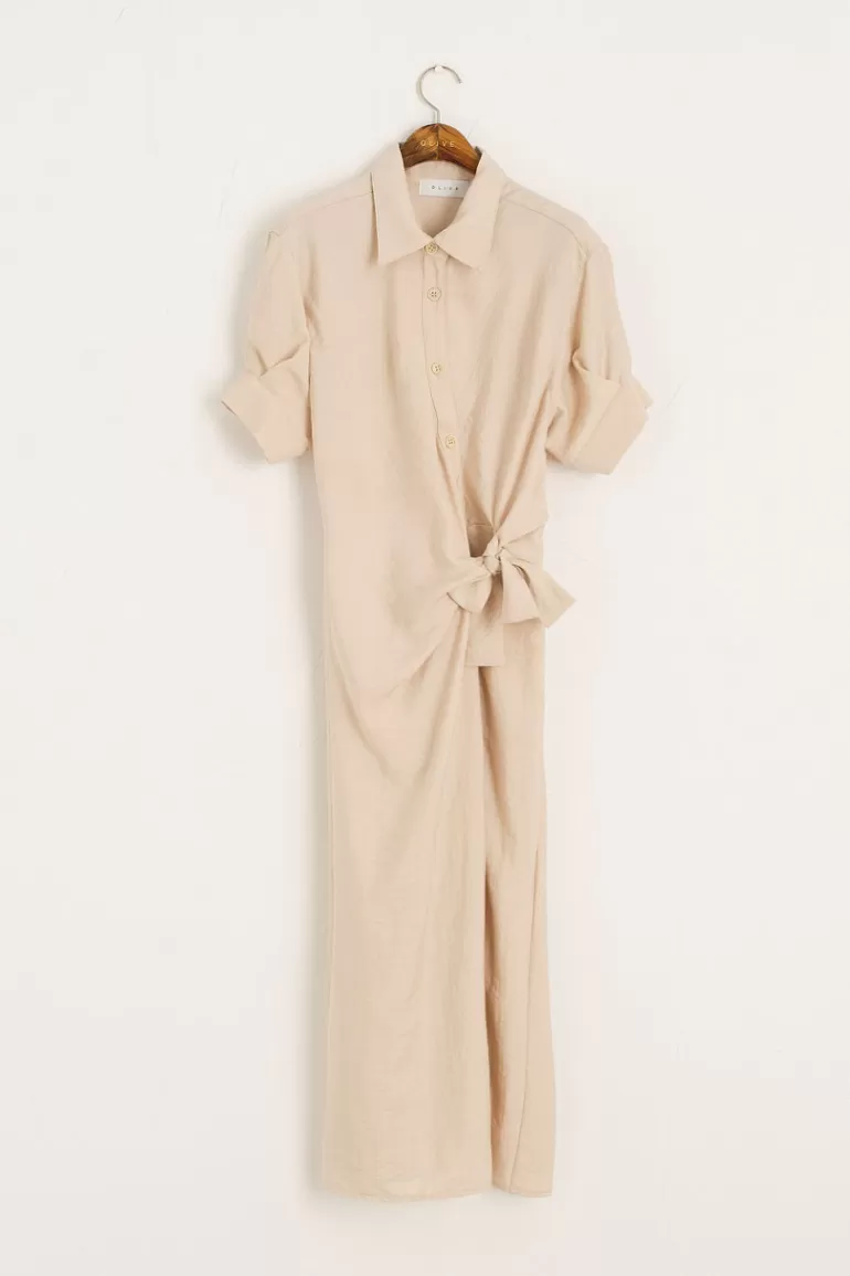 Women Olive Clothing Knotted Waist Dress, Beige