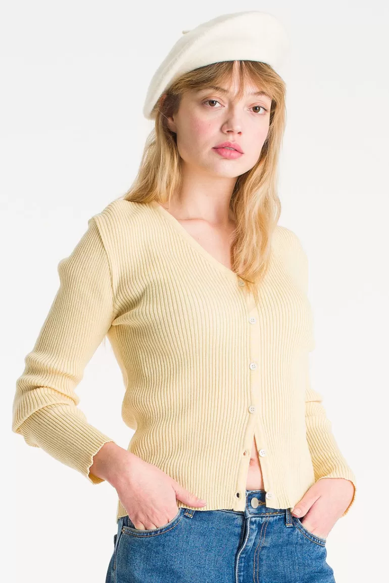 Women Olive Clothing Kobo Ribbed Cardigan, Yellow