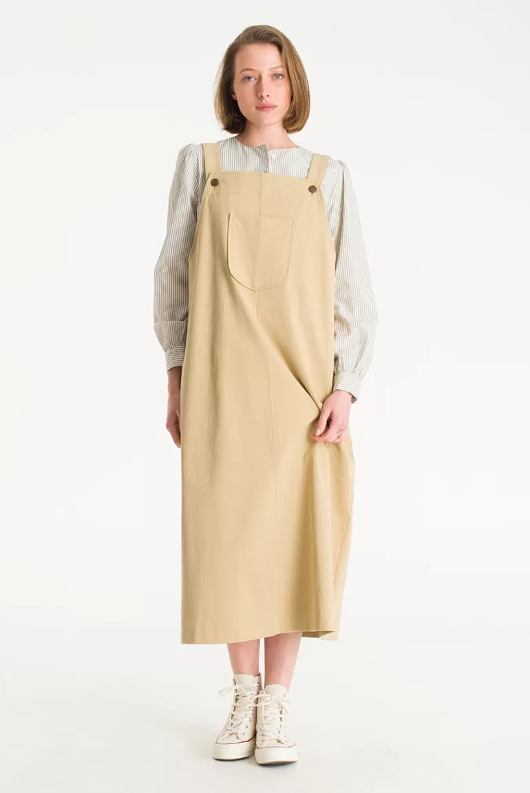 Women Olive Clothing Kyoko Long Dungaree Dress, Beige