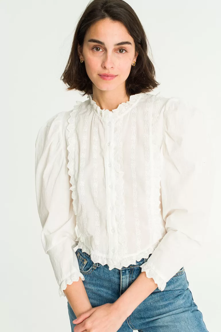 Women Olive Clothing Lace Collar Blouse, Ivory