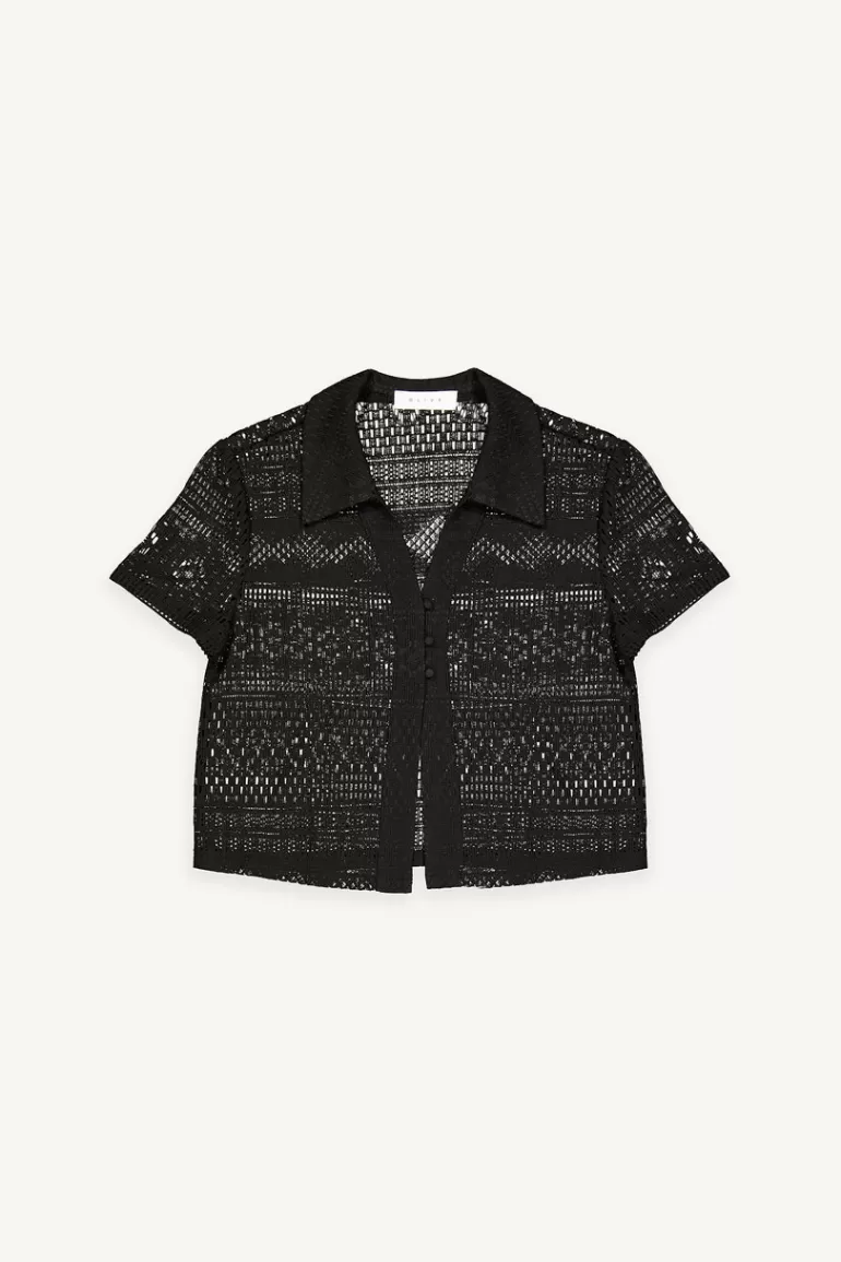 Women Olive Clothing Lace Open Blouse, Black
