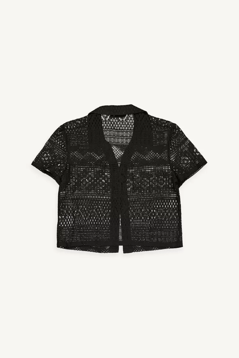 Women Olive Clothing Lace Open Blouse, Black