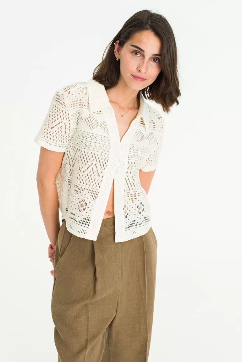 Women Olive Clothing Lace Open Blouse, Cream