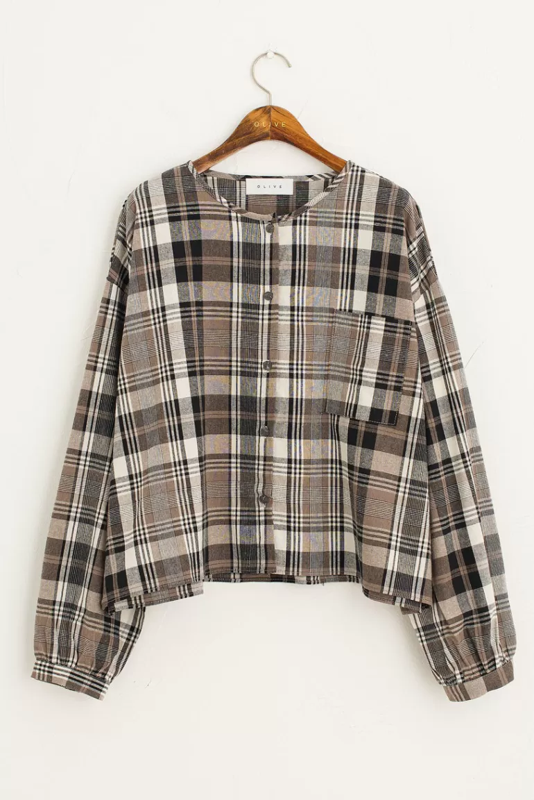 Women Olive Clothing Large Check Over Size Short Shirt, Black