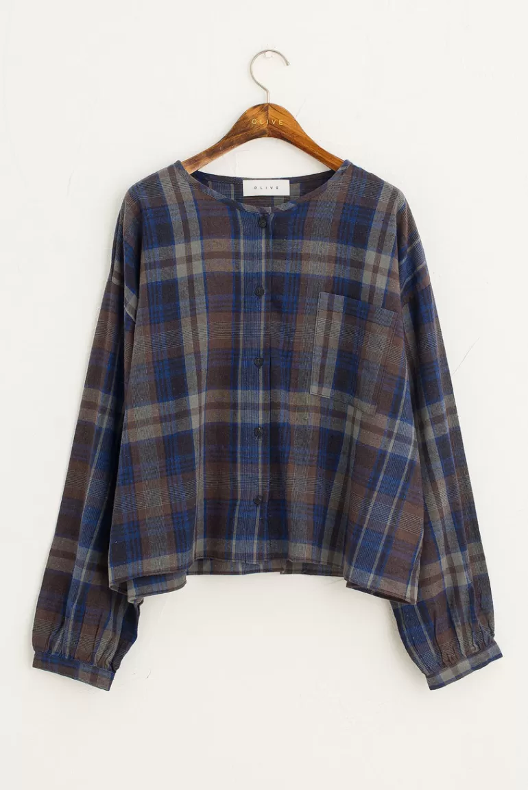 Women Olive Clothing Large Check Over Size Short Shirt, Blue