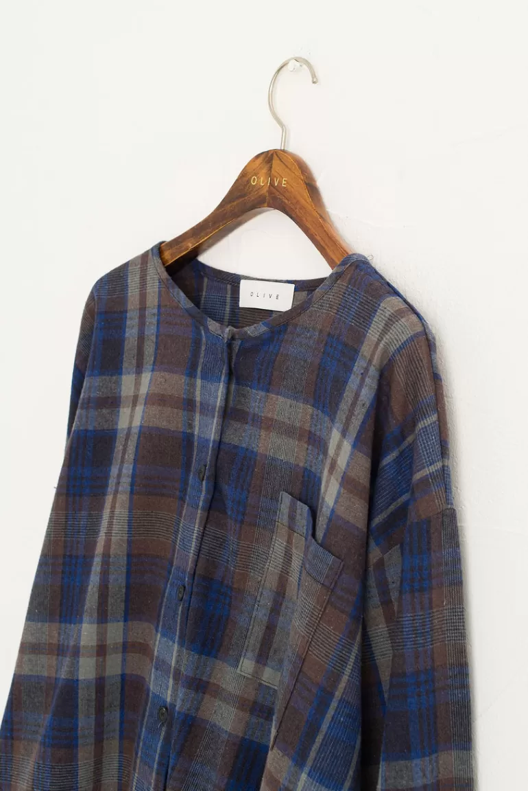 Women Olive Clothing Large Check Over Size Short Shirt, Blue