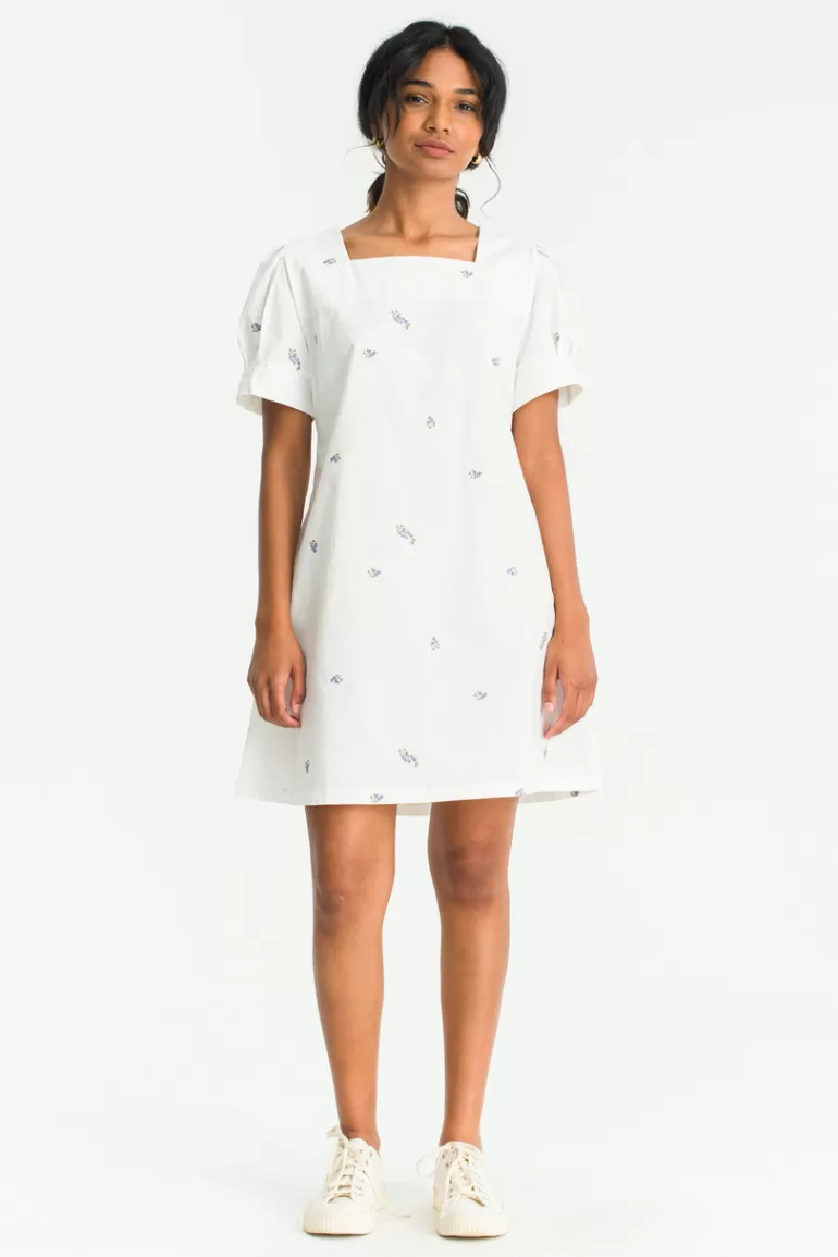 Women Olive Clothing Lavender Embroidered Square Neck Dress, White