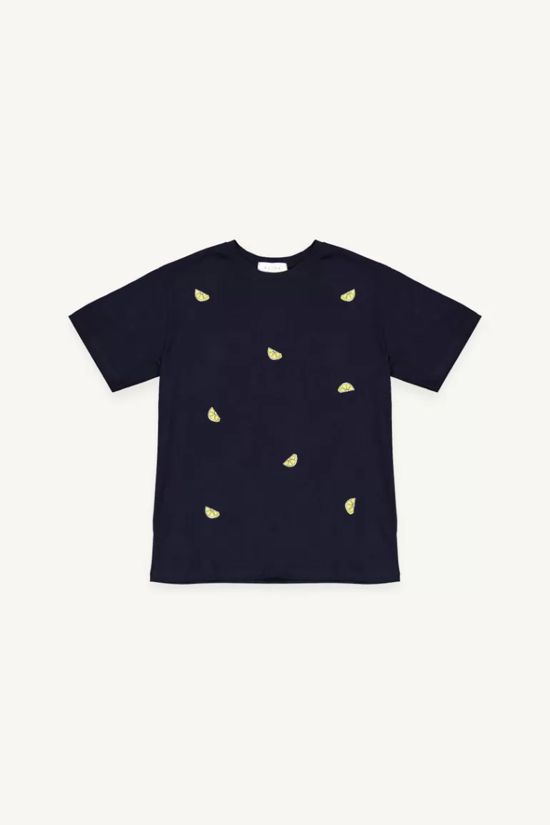 Women Olive Clothing Lemon Stitch Short Sleeve Tee, Navy