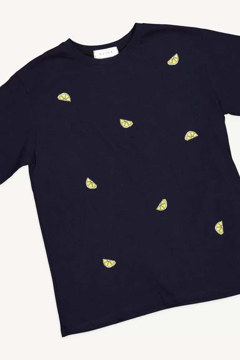 Women Olive Clothing Lemon Stitch Short Sleeve Tee, Navy