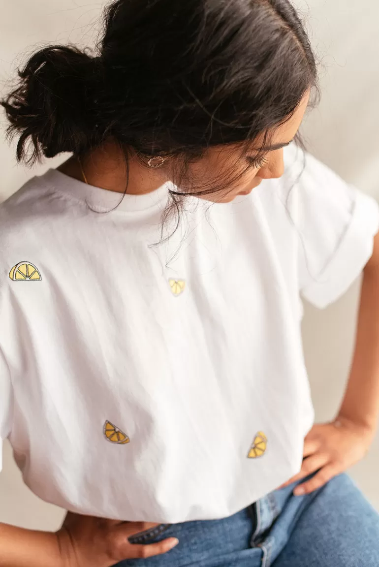 Women Olive Clothing Lemon Stitch Short Sleeve Tee, White