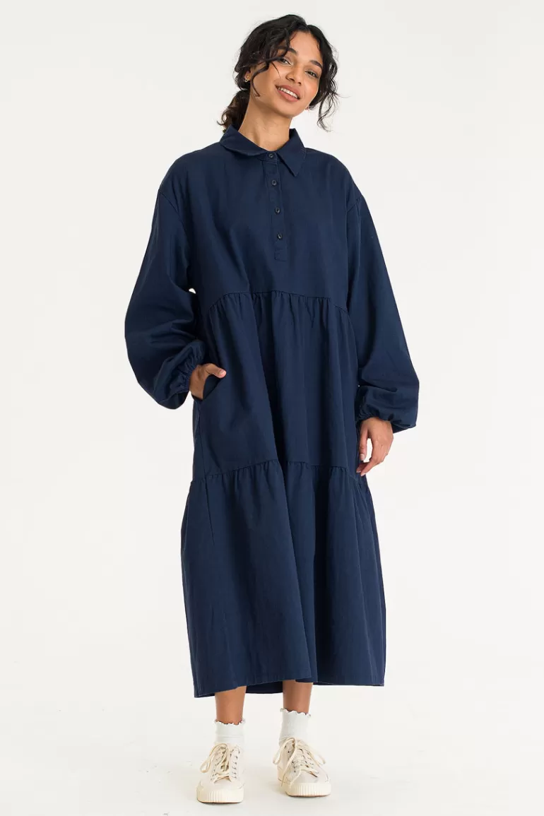 Women Olive Clothing Leon Long Tiered Dress, Navy