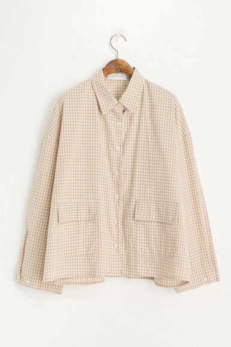 Women Olive Clothing Lightweight Gingham Overshirt, Beige