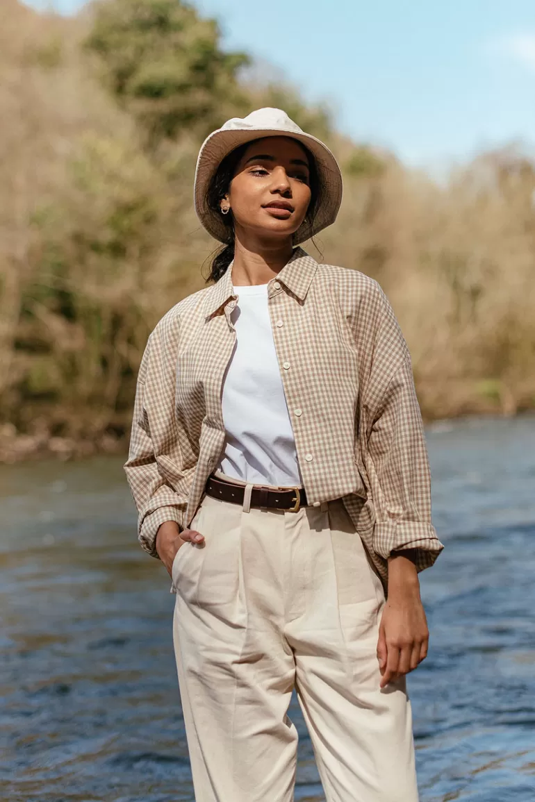 Women Olive Clothing Lightweight Gingham Overshirt, Beige