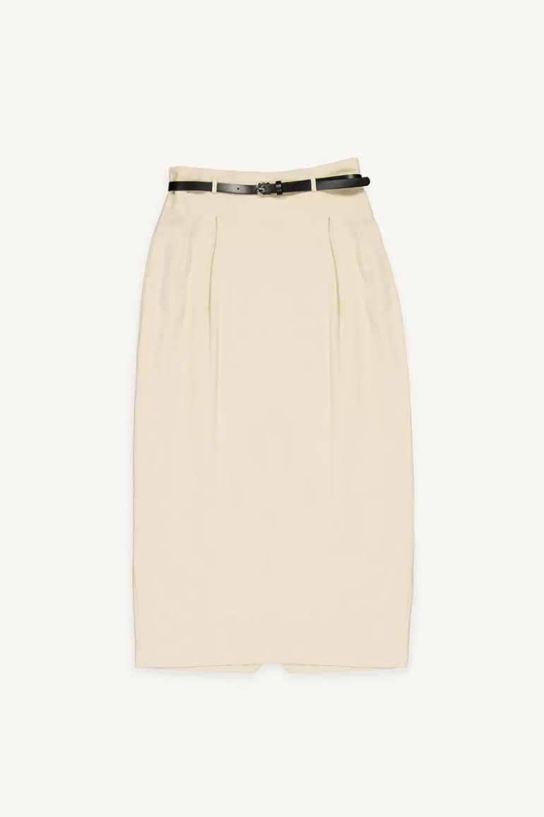 Women Olive Clothing Linen Blend Belted Skirt, Beige