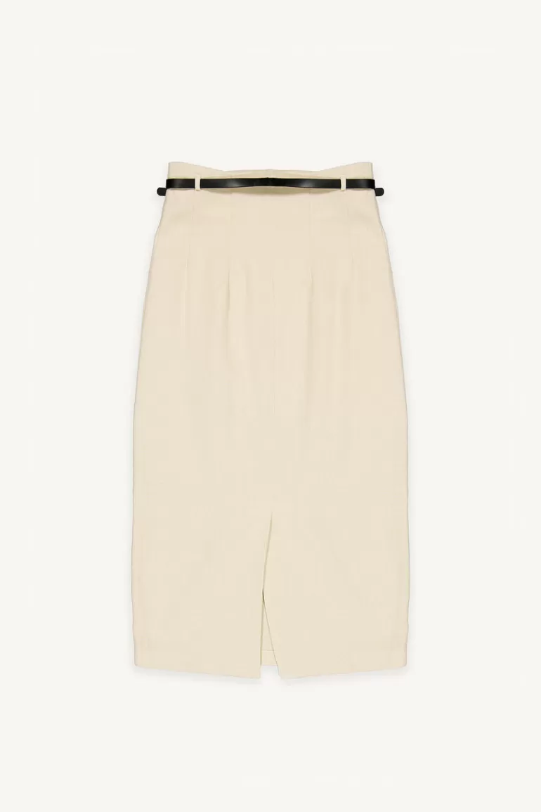 Women Olive Clothing Linen Blend Belted Skirt, Beige