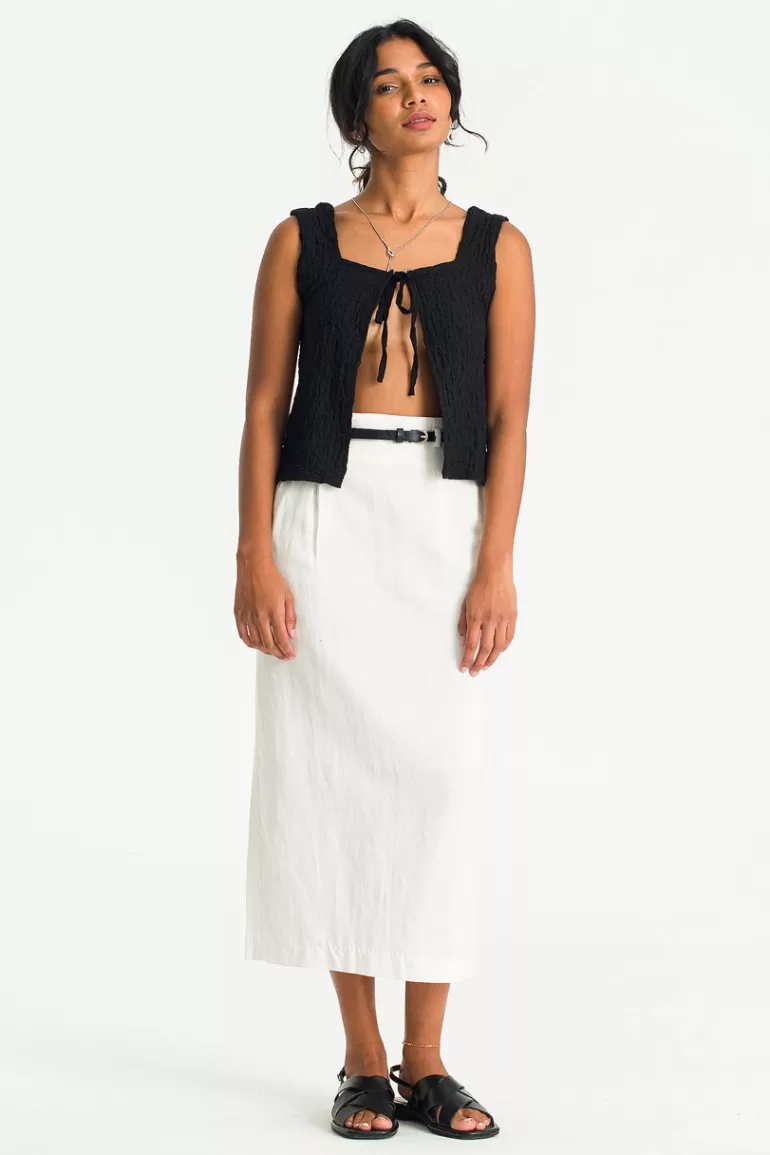 Women Olive Clothing Linen Blend Belted Skirt, Ivory