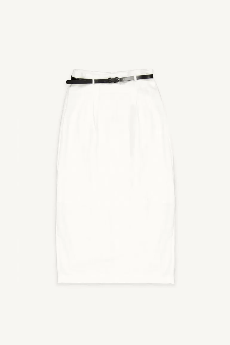 Women Olive Clothing Linen Blend Belted Skirt, Ivory