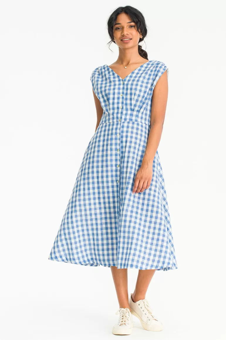 Women Olive Clothing Linen Blend Gingham Dress, Blue
