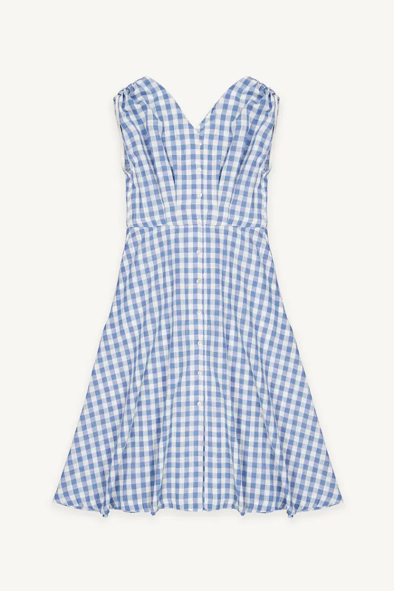 Women Olive Clothing Linen Blend Gingham Dress, Blue