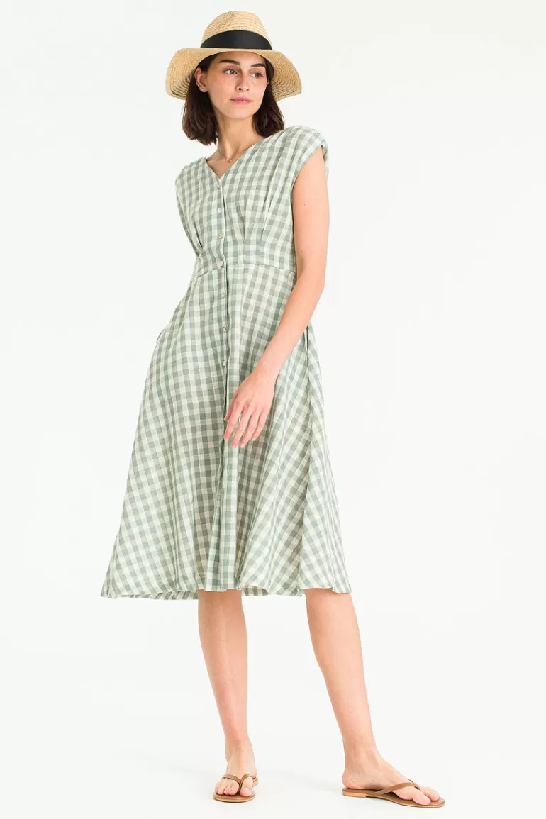 Women Olive Clothing Linen Blend Gingham Dress, Mint