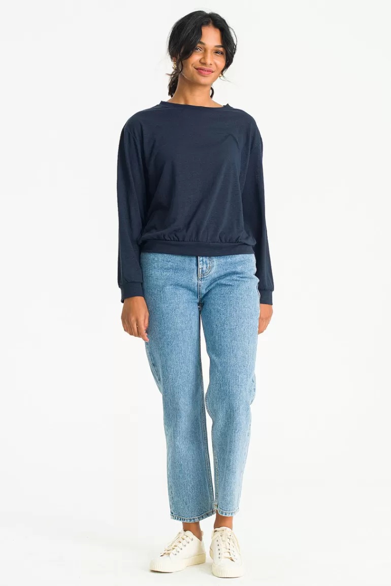 Women Olive Clothing Linen Blend Loose Tee, Navy