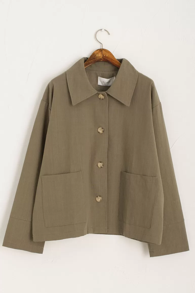 Women Olive Clothing Linen Blend Simple Jacket, Khaki
