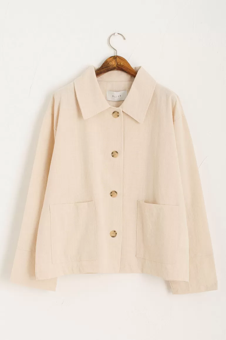 Women Olive Clothing Linen Blend Simple Jacket, Oatmeal