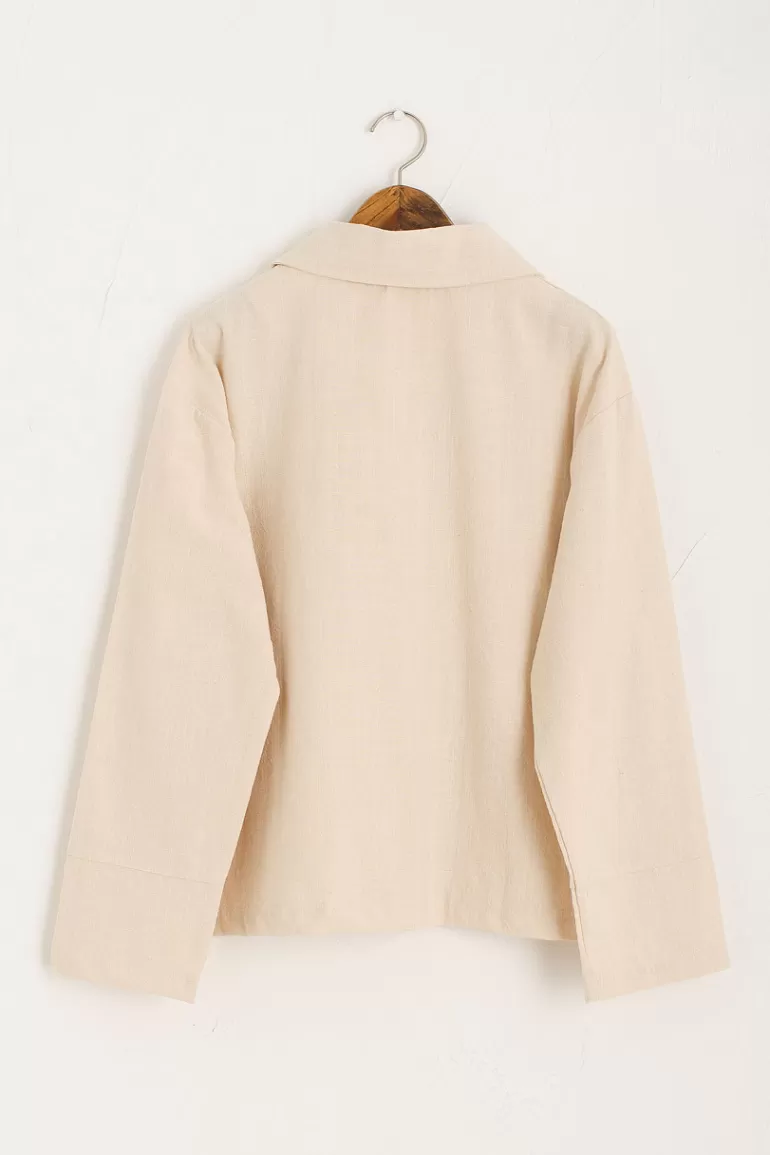 Women Olive Clothing Linen Blend Simple Jacket, Oatmeal