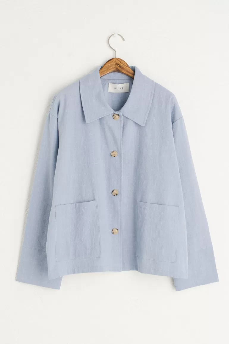 Women Olive Clothing Linen Blend Simple Jacket, Sky Blue