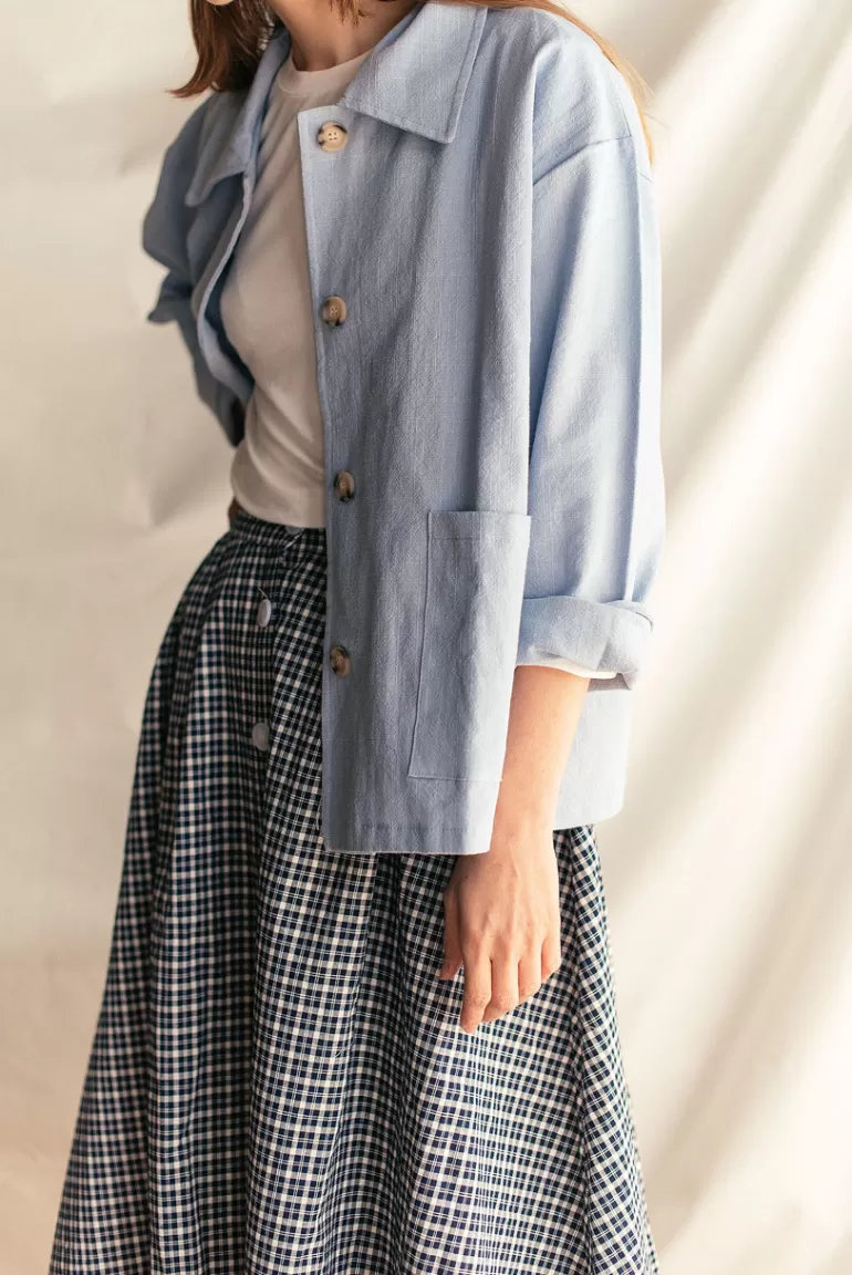 Women Olive Clothing Linen Blend Simple Jacket, Sky Blue