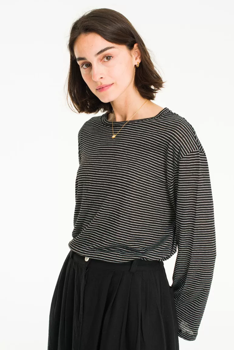 Women Olive Clothing Linen Blend Stripe Tee, Black