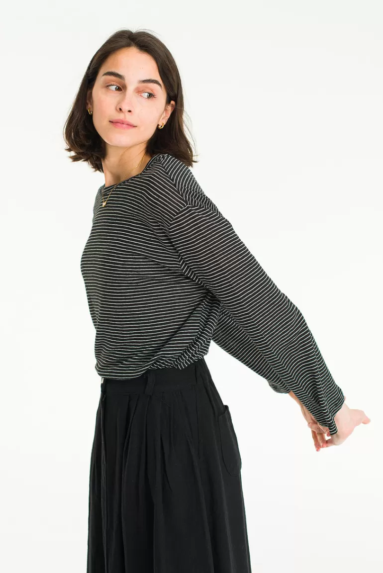 Women Olive Clothing Linen Blend Stripe Tee, Black