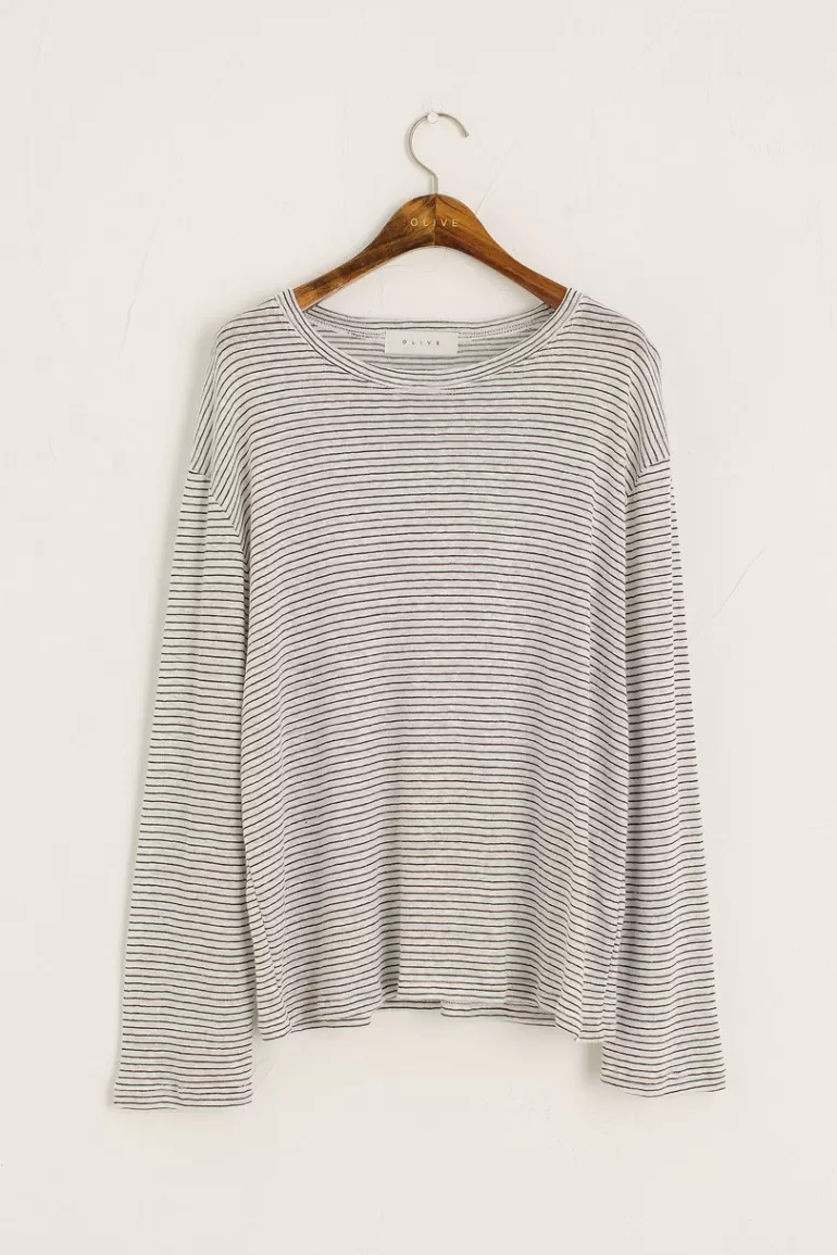 Women Olive Clothing Linen Blend Stripe Tee, Ivory